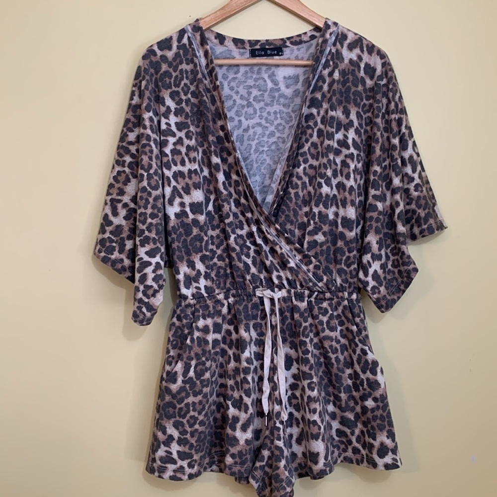 Ella Blue Leopard Relaxed Fit Loungewear Comfy Kimono One Piece Romper Shorts S - Picture 14 of 17